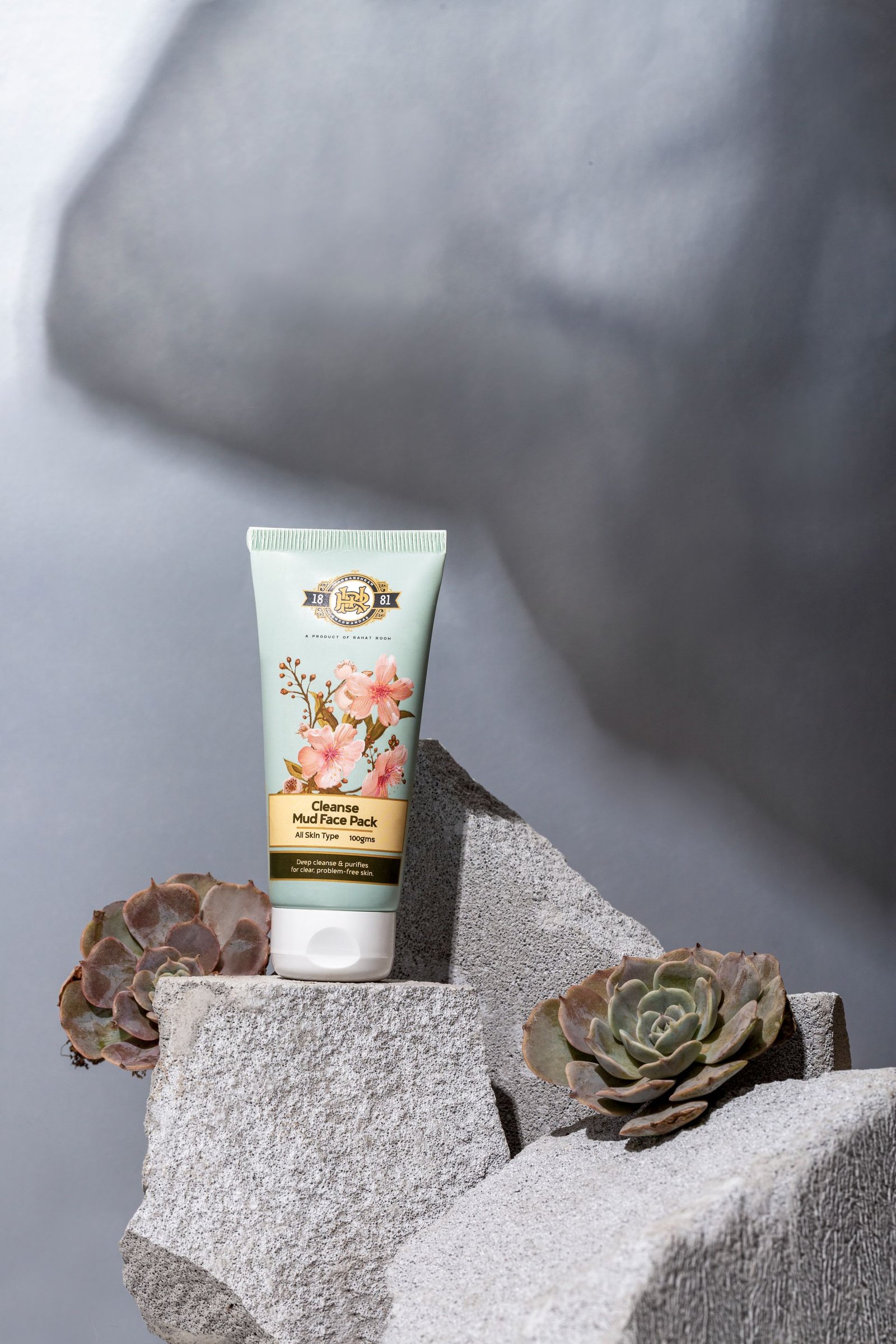 Cleansing mud face pack tube with floral design placed on textured stone surfaces alongside succulents.