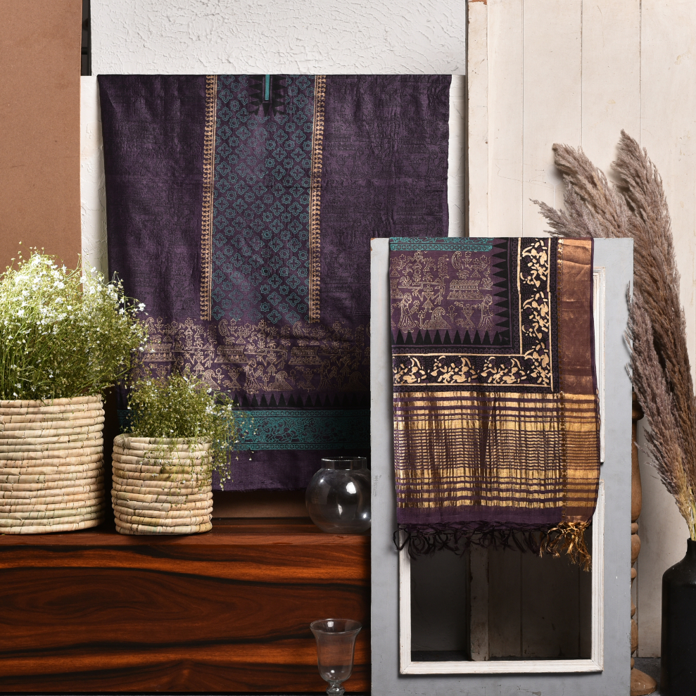 Two pieces of decorative textiles featuring intricate patterns and rich colors displayed against a neutral background.
