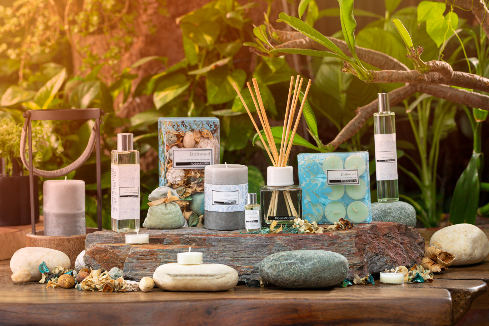Various scented candles and diffusers arranged on a wooden surface with decorative stones and shells.