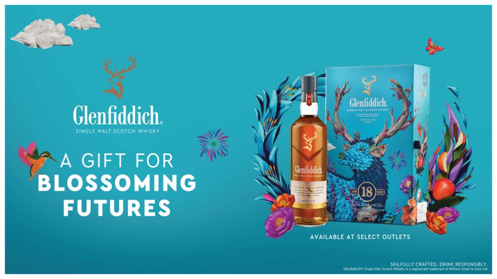 Glenfiddich 18 Year Old Single Malt Scotch Whisky in decorative packaging with floral designs.
