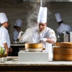 Chef in a white uniform lifting a lid off a bamboo steamer in a kitchen with steam rising.