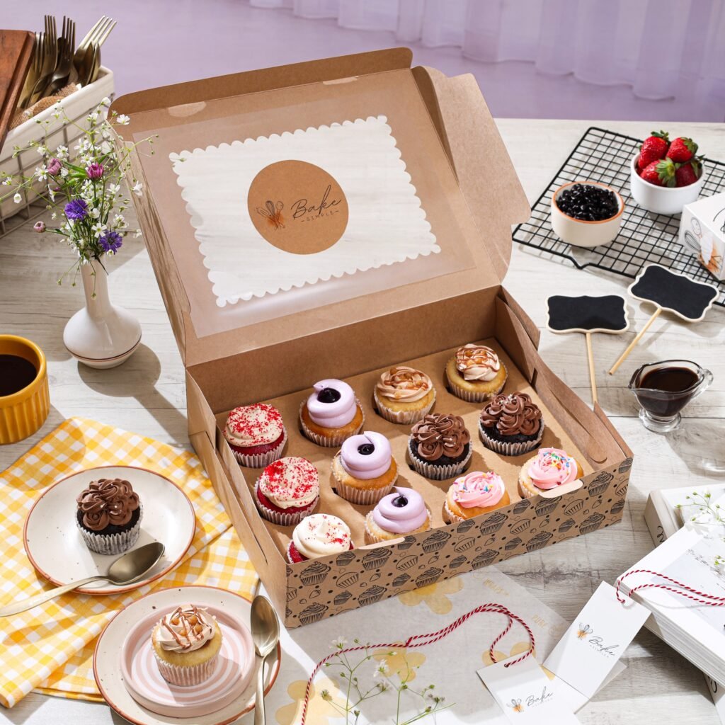 An open brown Bake Simple box holds assorted frosted cupcakes beside strawberries, flowers, and dessert props.